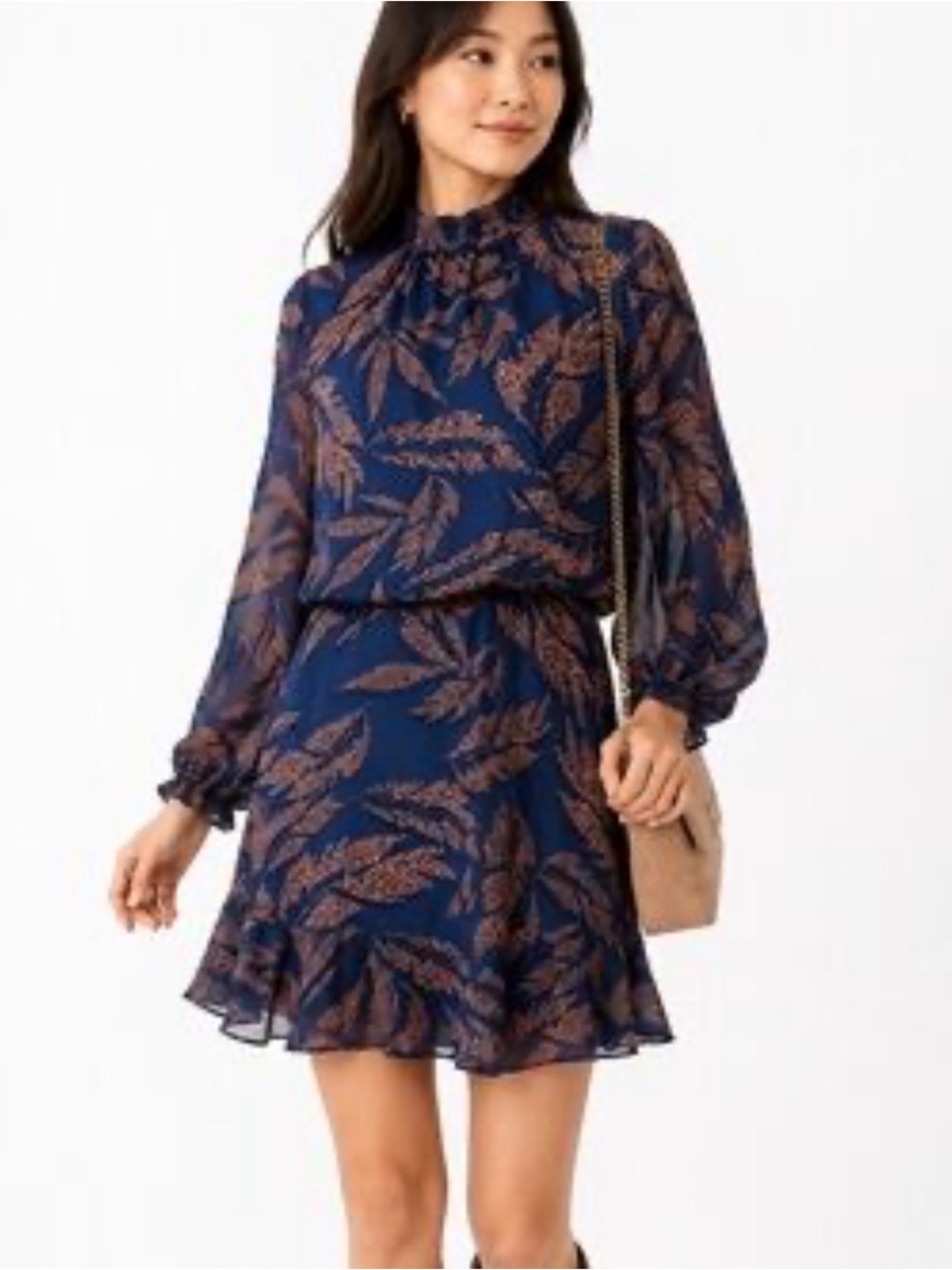 THML Camille High Neck Mini Dress Blue Size S Modern Boho Chic Flowy Flirty